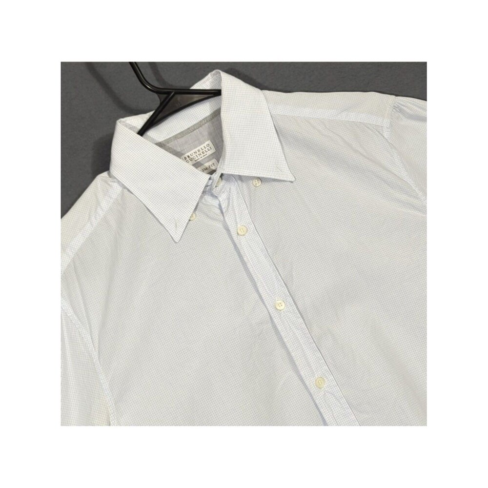 Brunello Cucinelli Shirt Men's M Blue White Micro Plaid Slim Fit Long Sleeve